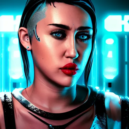 Image similar to miley cyrus portrait, Cyberpunk 2077, photorealistic, ultra detailed, cybernetic head, neon, octane, bokeh, cyber, cyber style, feature, scars, cyberface, 8k