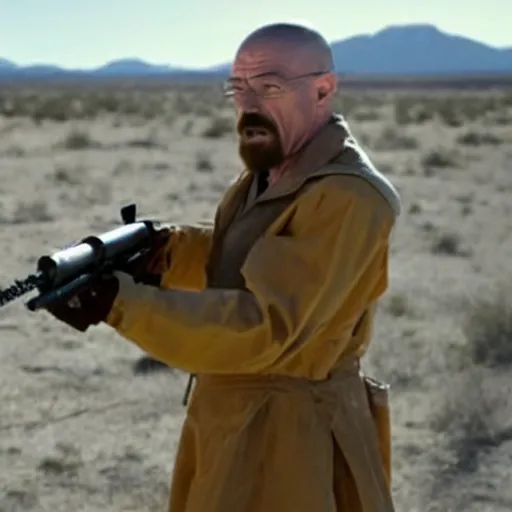 Prompt: photo of walter white firing a machine gun, yelling