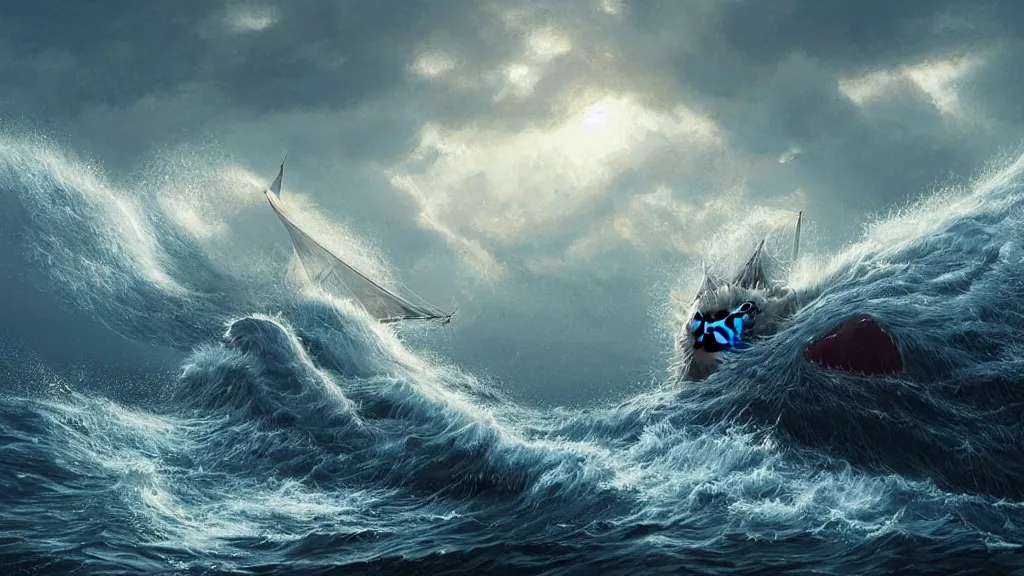 Image similar to a gigantic cat bursting out of a stormy sea attacking a small sail boat, wet fur, giant waves, sunbeams in background, intricate, detailed, volumetric lighting, sharp focus, scenery, photorealism, digital painting, highly detailed, concept art, by simon stalenhag and mark brooks