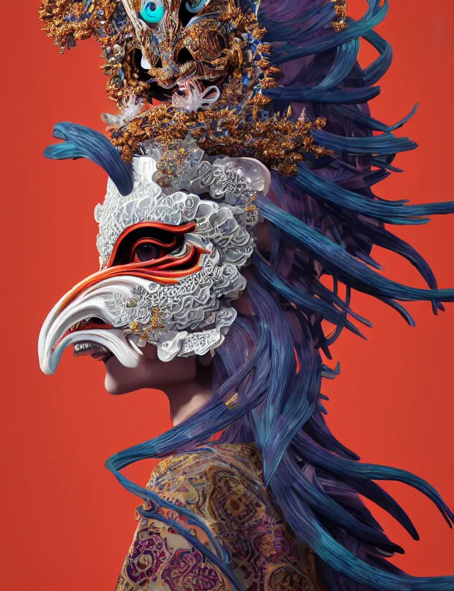 Image similar to 3 d goddess close - up profile portrait with crown, ram skull. beautiful intricately detailed japanese crow kitsune mask and clasical japanese kimono. betta fish, jellyfish phoenix, bio luminescent, plasma, ice, water, wind, creature, artwork by tooth wu and wlop and beeple and greg rutkowski