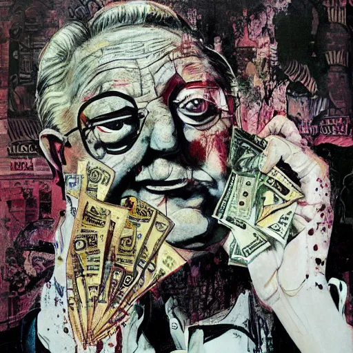 Image similar to George Soros full body shot, dollar bills Body horror, biopunk, by Ralph Steadman, Francis Bacon, Hunter S Thompson