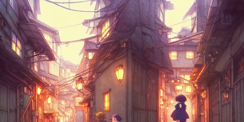 Image similar to the girl and the alley. anime visual of a cozy village, late in the evening, clear night sky. by hayao miyazaki and rossdraws and artgerm and greg rutkowski and alphonse mucha. anime production by studio ghibli. high quality, stunning, intricate detailed environment. 8 k