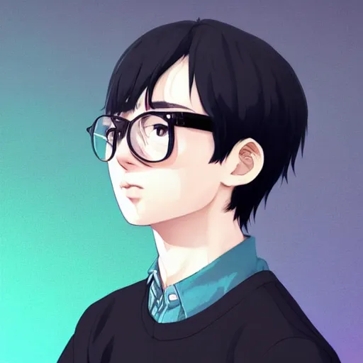 Prompt: portrait of a cute young man with round glasses and black hair, anime portrait by beeple, trending on artstation,