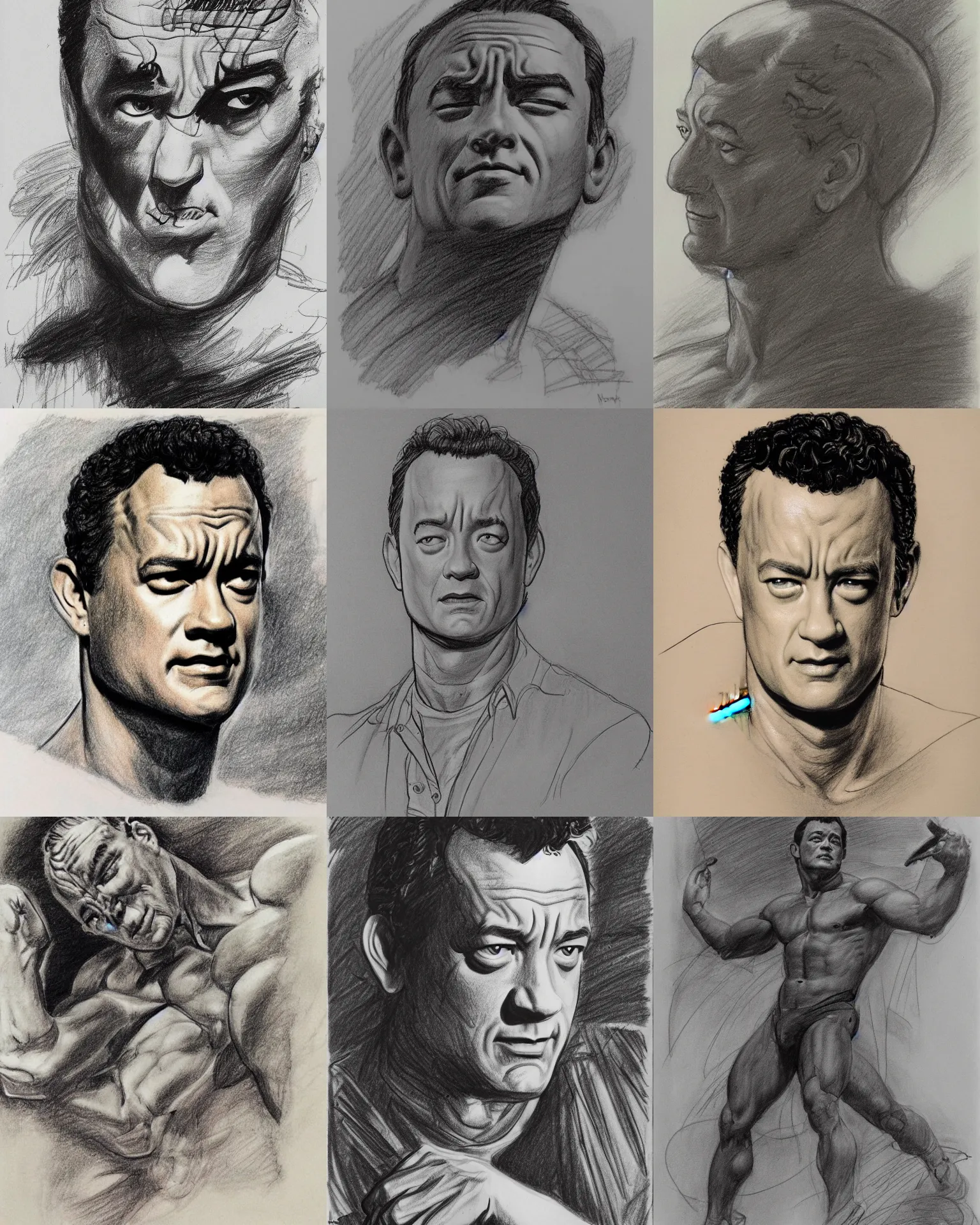 Prompt: linework preliminary drawing of tom hanks, frank frazetta, by michelangelo, peter paul rebens