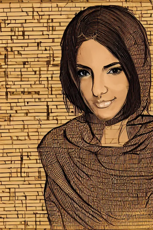 Image similar to short brown hair arab spanish shy young woman in beige hoodie, Diwani calligrapher using bamboo pen, cinematic lighting, hyper-detailed