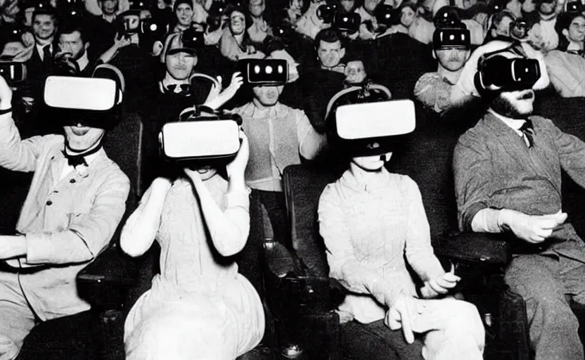 Image similar to 1 9 0 0 s photo of people wearing virtual reality headsets vr in a movie theater masterpiece old photograph