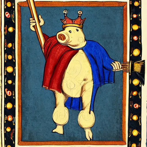 Image similar to a humanoid pig in red king robes wearing a crown holding a blue axe