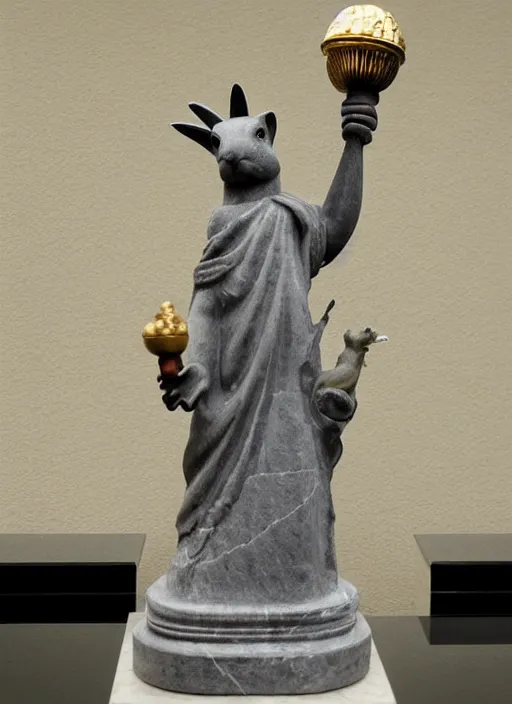 Image similar to A marble statue of a squirrel holding an acorn in the style of Statue of Liberty. museum photo