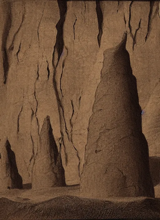 Image similar to Line wrawing by John Wesley Powell of towering rock formations carved by the wind, surrounded by sparse vegetation, sepia toned, Smithsonian American Art Museum.