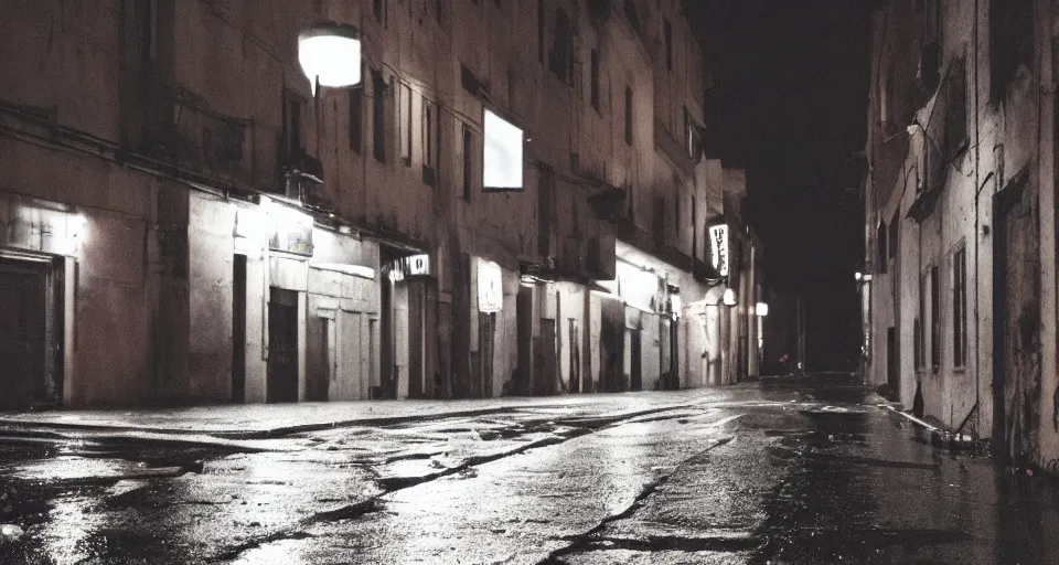 Prompt: a cinestill photo of an abandoned city street, wet streets, nighttime