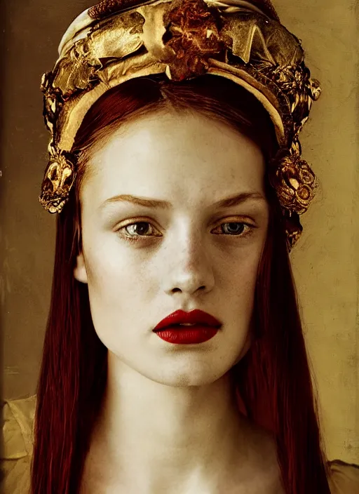 Image similar to portrait of young woman in renaissance dress and renaissance headdress, art by peter lindbergh