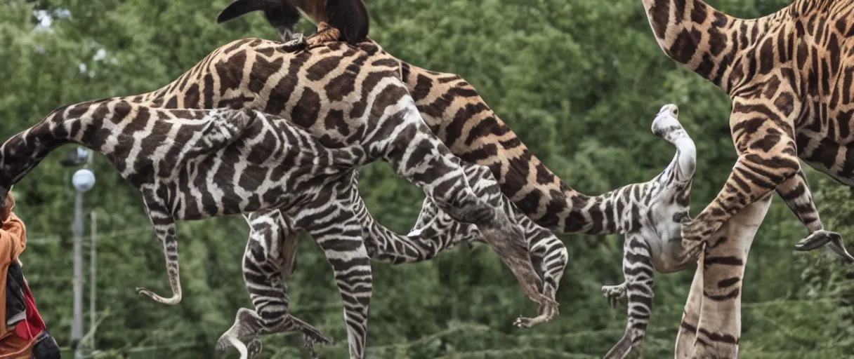 Prompt: a giraffe-monkey-penguin-lizard-hedgehog-spider-tiger-orca attacking a person in a public playground