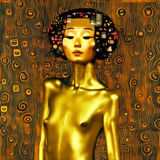 Prompt: a gustav klimt portrait of a euphoric japanese cyberpunk android mannequin experiencing an invincible sense of well - being floating in mists of bliss