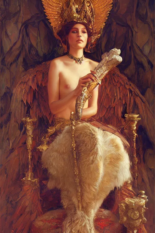 Image similar to full body portrait of seraphim queen sitting on her bone throne, highly detailed painting by gaston bussiere, craig mullins, j. c. leyendecker, 8 k, mid shot