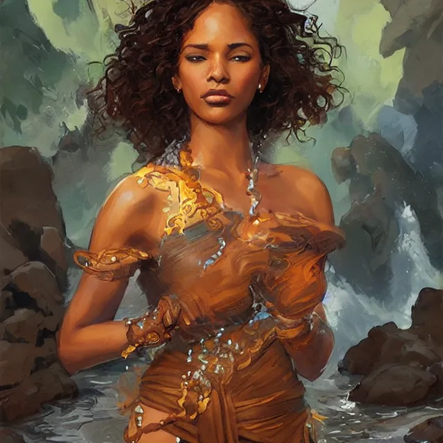 Image similar to a brown skinned woman as a waterbender, brown curly hair, portrait, elegant, intricate, digital painting, artstation, concept art, smooth, sharp focus, illustration, art by konstantin korovin and daniel f. gerhartz and john howe