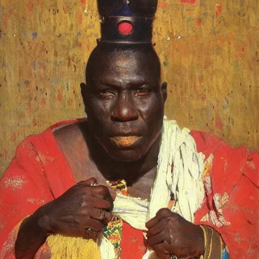 Image similar to king of dahomey dressed lightly in airy robes, 1905, brightly coloured oil on canvas, by ilya repin