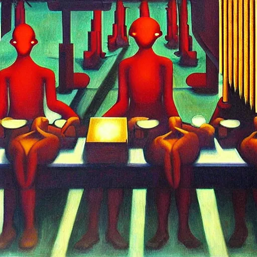 Prompt: assembly line, human subjugation, mind control, dystopian, pj crook, edward hopper, oil on canvas