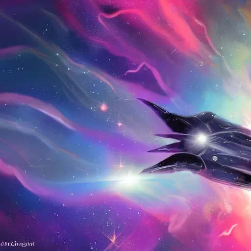 Image similar to a digital painting of a spaceship flying through a beautiful nebula, 8K, trending on art station, realistic, award winning