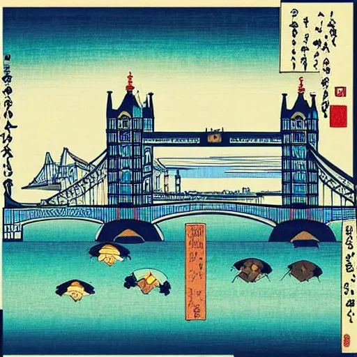 Prompt: “ tower bridge in london city in the style of a woodblock print by the japanese ukiyo - e artist hokusai ”