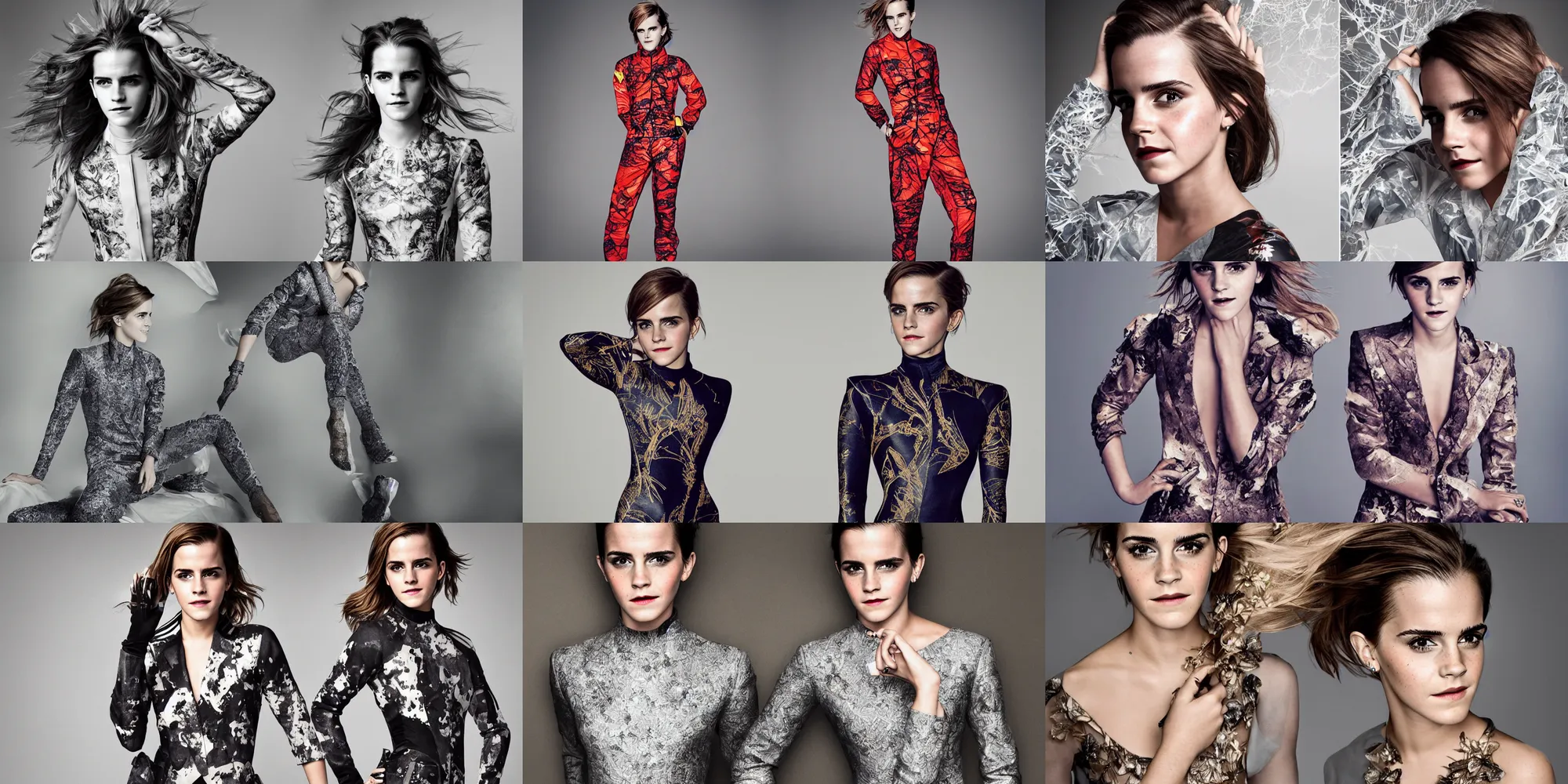 Prompt: professional portrait of emma watson wearing fractal flightsuit by baron adolf de meyer