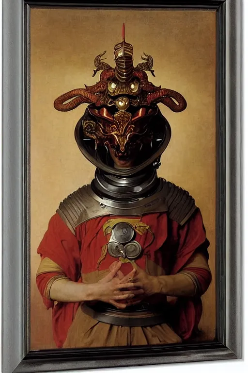 Image similar to portrait of a loong astronaut with chinese dragon armor and helmet, majestic, solemn, by bouguereau