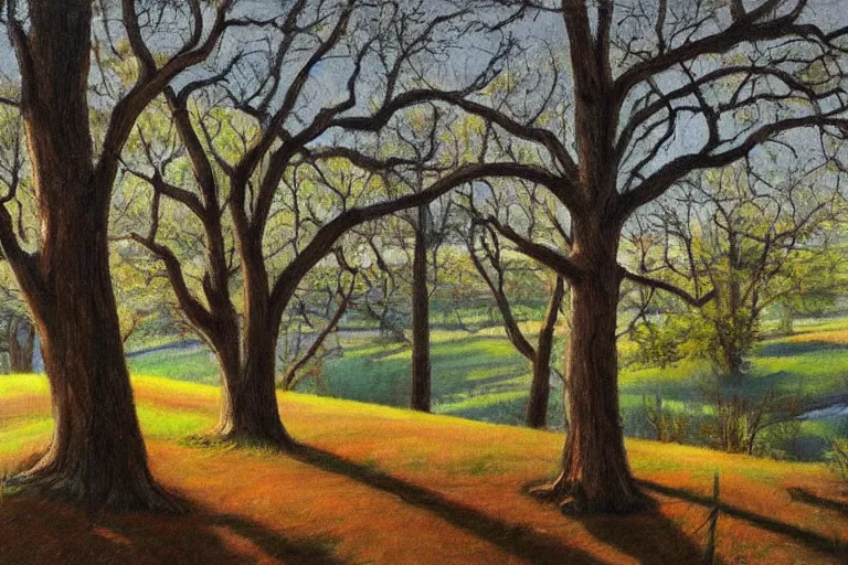 Image similar to masterpiece painting of oak trees on a hillside overlooking a creek, dramatic lighting, by nora collyer