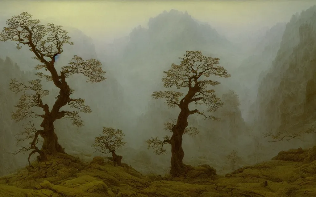 Image similar to valley of berchtesgarden, a gnarly old oak in a shroud of mist and ghosts, by caspar david friedrich