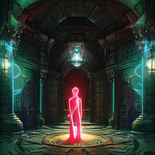 Image similar to A female tiefling, stepping through a portal from another dimension into a palace courtyard, neon flames, dramatic lighting, fantasy art by Greg Rutkowski