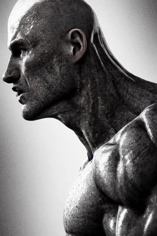 Image similar to a single muscular man wearing torn clothes, looking to the right, profile picture, hyperrealistic, concept art, octane render, unreal engine 5, trending on artstation, high quality, highly detailed, 8 k, dramatic lighting, cinematic, high coherence, anatomically correct, five fingers, digital art, seductive, black and white