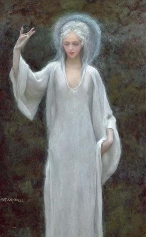 Image similar to say who is this with silver hair so pale and wan! and thin!? female angel, wearing white robes flowing hair, pale fair skin, you g face, silver hair, covered!!, clothed!! lucien levy - dhurmer, fernand keller, oil on canvas, 1 8 9 6, 4 k resolution, aesthetic!, mystery