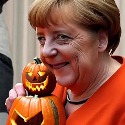 Prompt: angela merkel is the award winning pumpkin head of halloween.