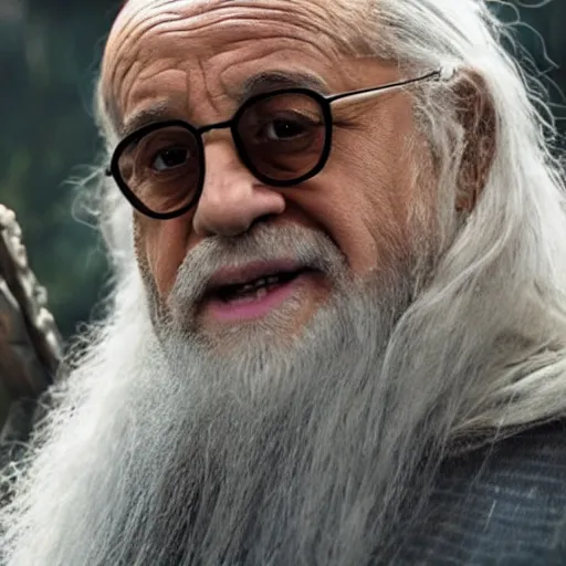 Image similar to movie still of danny devito starring as gandalf the white in the 2 0 2 4 lord of the rings movie, full body, hyper realistic, high quality, wide angle