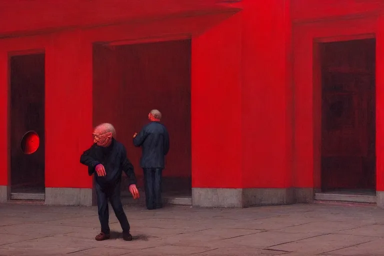 Image similar to only with red, a red old man try to sell a portrait, crowd cheering, in a city square, in the style of beksinski, parts by edward hopper, parts by rodcenko, parts by yue minjun, intricate and epic composition, red by caravaggio, insanely quality, highly detailed, masterpiece, red light, artstation, 4 k