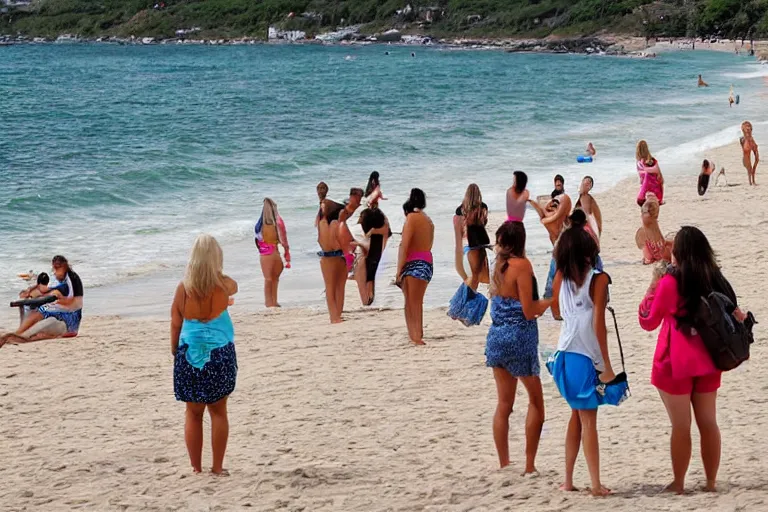 Image similar to a wide shot of women at the beach