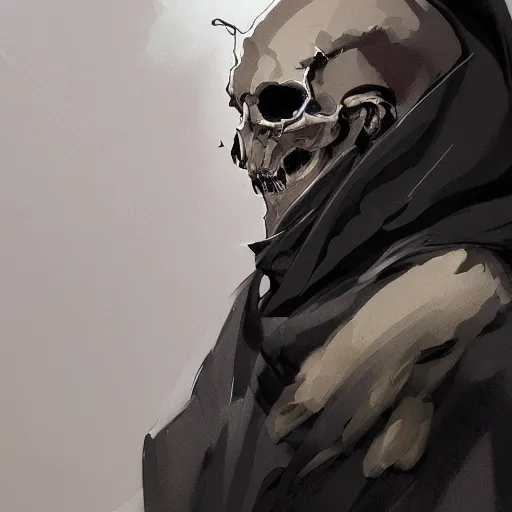 Image similar to full body portrait of a character wearing a black cloak, with a white mask in the shape of an animal skull, the mask covers her entire face, dramatic lighting, illustration by Greg rutkowski, yoji shinkawa, 4k, digital art, concept art, trending on artstation