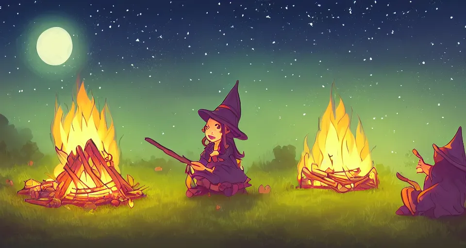 Prompt: Illustration of a small cute witch sitting by cozy bonfire in the forest meadow under starry sky and shooting star, digital pixel art, pixiv by Aenami