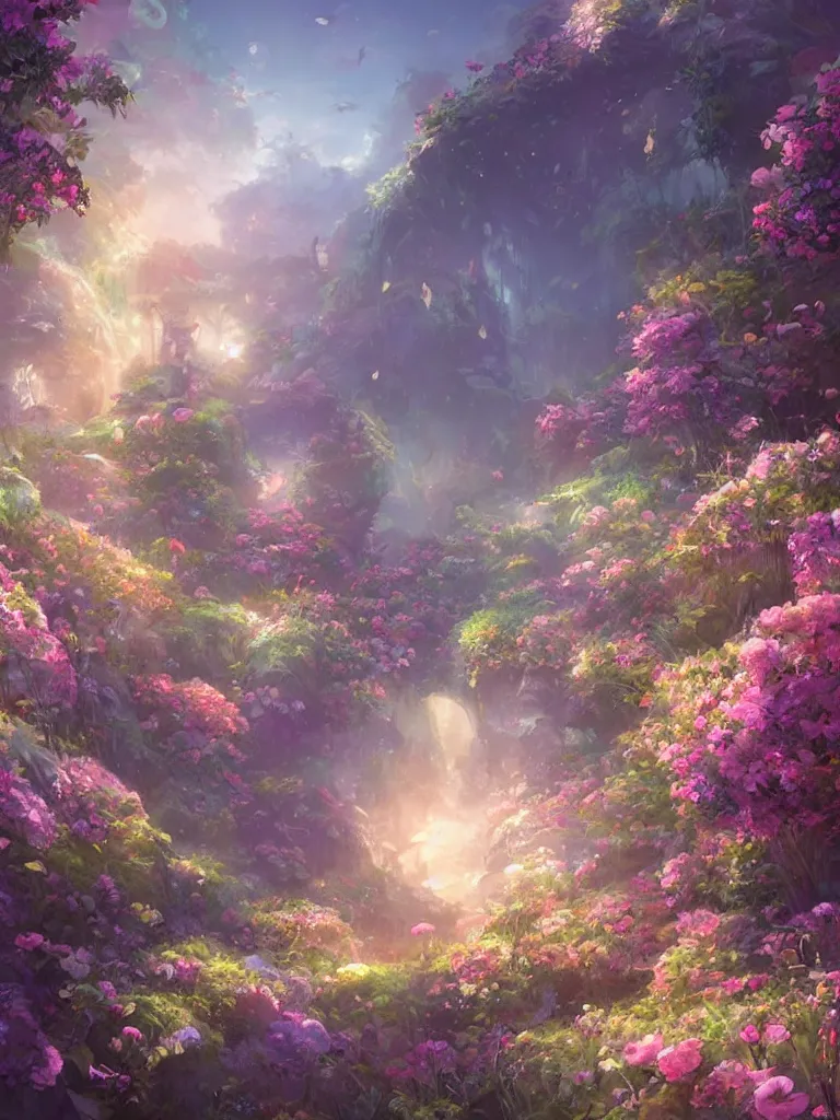 Image similar to a dream flower garden environment where one draws mystical energy into their lives, background art, pristine concept art, small, medium and large design elements, in the style of WLOP and Ross Tran