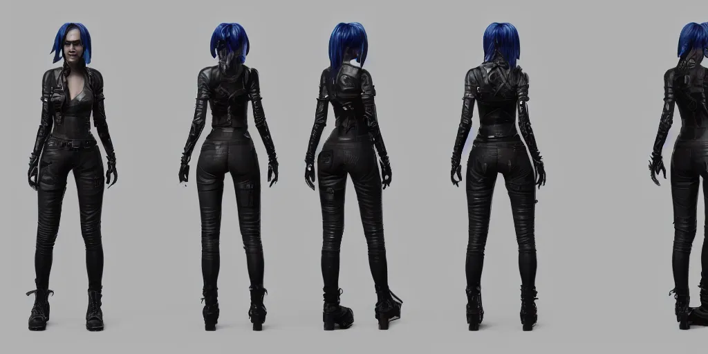 Prompt: character sheet of cyberpunk girl, riot games. 3 d unreal engine 5, trending on artstation, by steven stahlberg