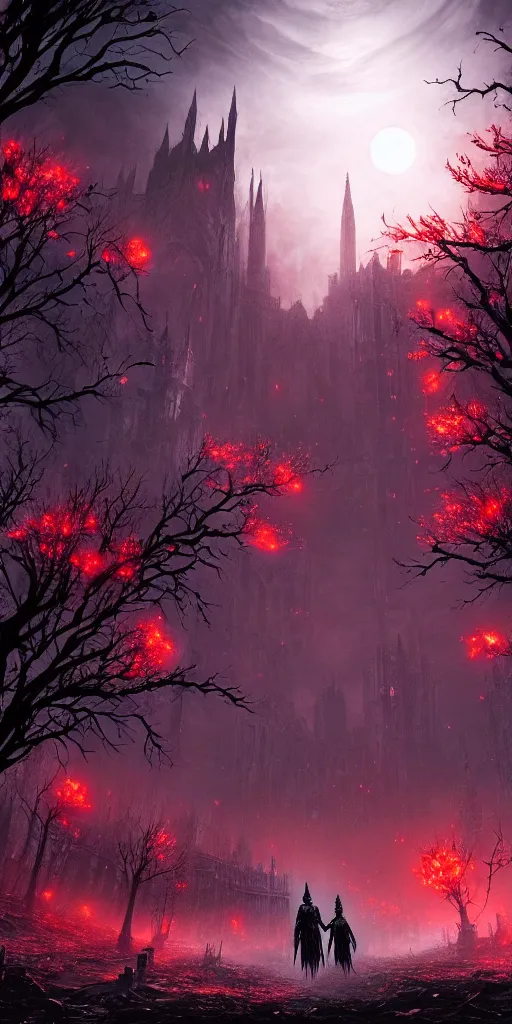 Image similar to abandoned bloodborne old valley with a obscure person at the centre and a ruined gothic city in the background, trees and stars in the background, falling red petals, epic red - orange moonlight, perfect lightning, wallpaper illustration by niko delort and kentaro miura, 1 6 k, ultra realistic