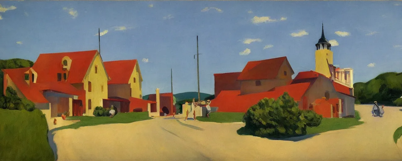 Image similar to an edward hopper style painting of ( ( ( ( ( ( ( ( balatonfured, a resort town in veszprem county, in hungary ) ) ) ) ) ) ) ), summer, july of 1 9 4 8