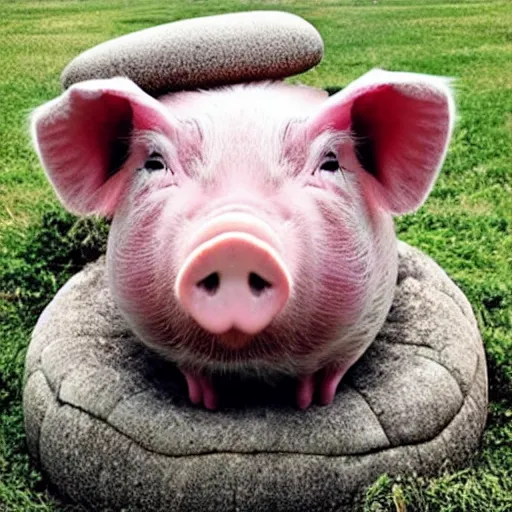 Image similar to “ cute pig meditating like a buddha on top of a giant mushroom ”