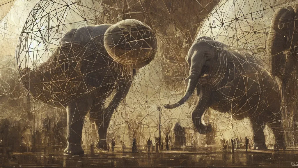 Prompt: giant elephant of sci fi metallic human melancholic complex geometric geodesic figure liminal machinery mechanica by oskar schlemmer, moebius, john berkey, film grain, oil on canvas featured on artstation, hd wallpaper, 4 k