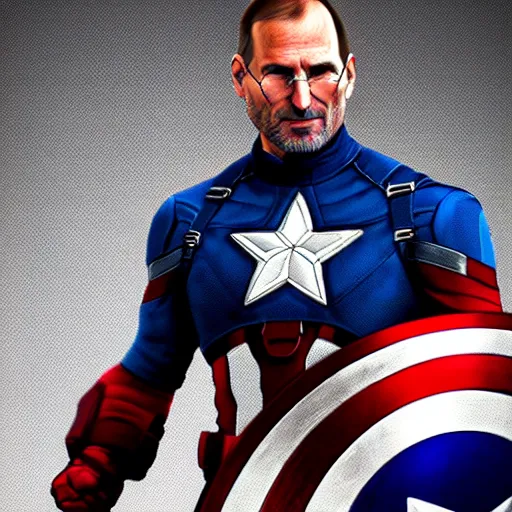 Prompt: steve jobs as captain america, realistic artstyle, trending on artstation, macro, highly intricate, vibrant, digital painting, portrait, hd, cinematic, dramatic, ultra detailed, illustration, concept art, unreal engine 5, 8 k, 4 k