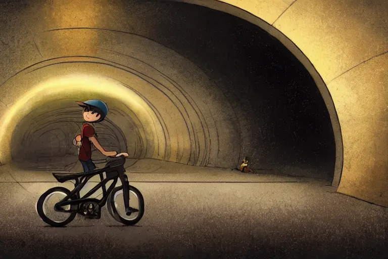 Prompt: a boy riding his bike alone through the tunnel at night, high intricate details, rule of thirds, golden ratio, cinematic light, anime style, graphic novel by fiona staples and dustin nguyen, by beaststars and orange, peter elson, alan bean, studio ghibli, makoto shinkai