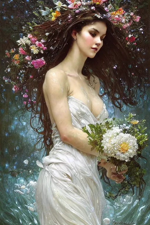Image similar to portrait of a beautiful woman wearing a white dress, holding a bouquet of flowing flowers, drenched body, silver hair, wet dripping hair, emerging from the water, dark fantasy, regal, fractal crystal, fractal gems, by stanley artgerm lau, thomas kindkade, alphonse mucha, loish, norman rockwell