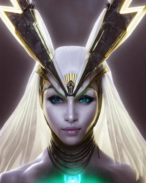 Image similar to perfect white haired attractive egyptian goddess, warframe armor, pharaoh headdress, beautiful, symmetric, dreamy, half asian, pretty face, green eyes, charlize theron, detailed, scifi platform, laboratory, experiment, 4 k, ultra realistic, epic lighting, android body, illuminated, cinematic, masterpiece, art by akihito tsukushi, voidstar