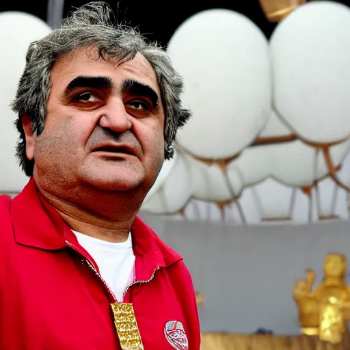 Image similar to jafar panahi mixed with john belushi and gordon brown, clean shaven, wearing an umbro sports tracksuit and gold necklace with large star shaped intricate gold medallion