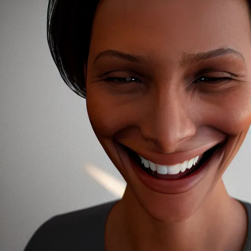 Image similar to beautiful smiling woman. hyper - realistic. trending on artstation. cinematic lighting. lifelike. symmetrical face. golden ratio. 8 k. uhd. sharp focus. highly detailed. beautiful face