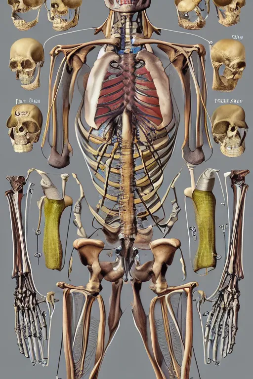 Prompt: anatomical encyclopedia illustration of a human skeleton, photorealistic, diagram, intricate details