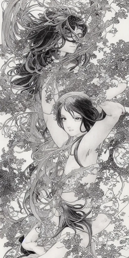 Image similar to yoshitaka amano anime painting, intricate line drawings, pen and ink, alphonse mucha, claire wendling, kentaro miura, ruan jia